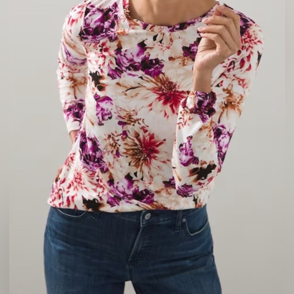 Chico's Touch Of Cool Jersey Knit Wild Floral Layering T-Shirt Size 2 Large - Picture 2 of 8